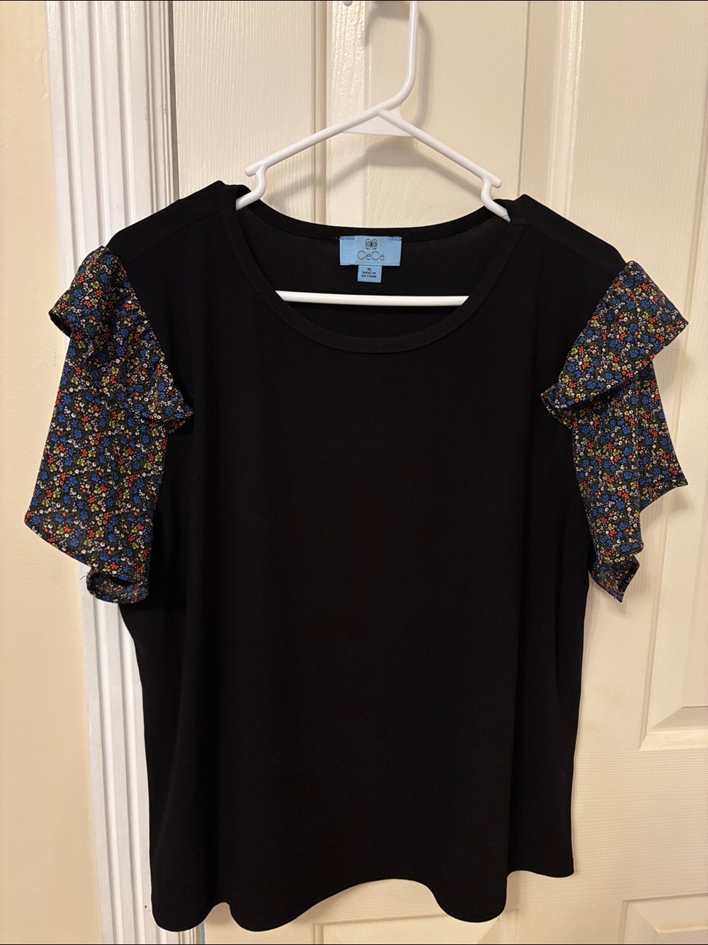 CeCe Black Top with Floral Ruffle Sleeves